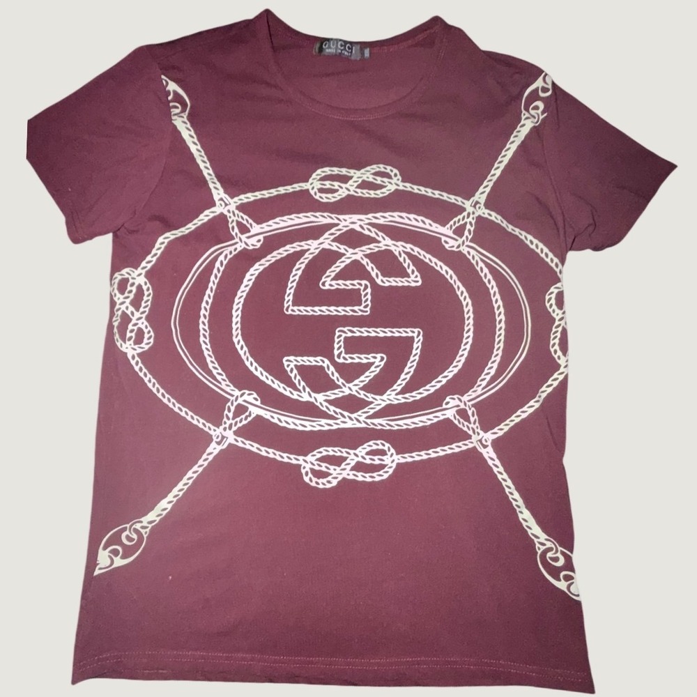 Gucci Mens Burgundy Interlocking G Rope Graphic T-Shirt XXL Made in Italy